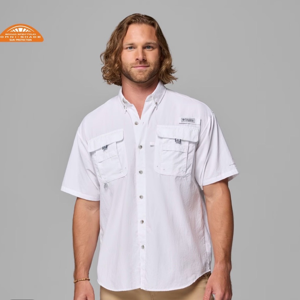 Columbia White Short-Sleeve Button-Down Fishing Shirt